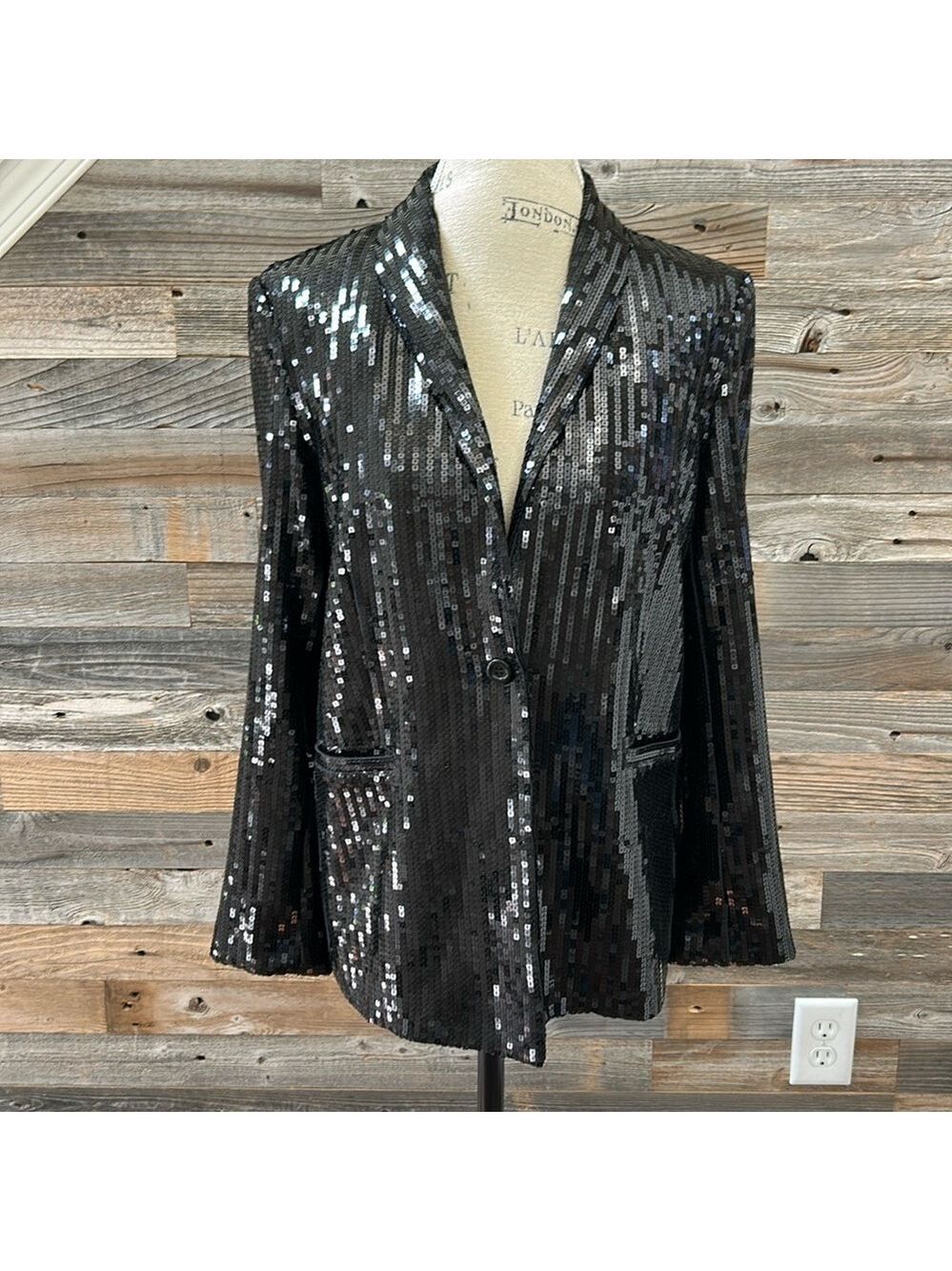 NWT Susana Monaco Black Sequin Blazer Front Snap Size Small - Picture 3 of 13